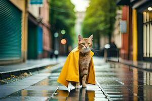 a cat wearing a yellow raincoat on a rainy street. AI-Generated photo