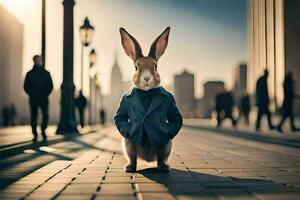 a rabbit wearing a suit and tie standing on a street. AI-Generated photo
