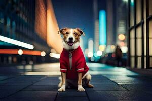 a dog wearing a red jacket sitting on the street. AI-Generated photo