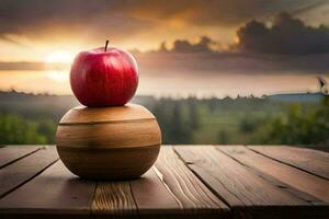 an apple and a wooden block on a table. AI-Generated photo