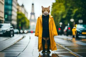 a cat wearing a yellow coat and standing on a street. AI-Generated photo