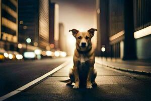 a dog sitting on the street in the city. AI-Generated photo