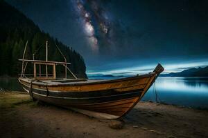 a boat sits on the shore of a lake under a night sky. AI-Generated photo