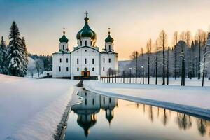 a church in the snow with a river running through it. AI-Generated photo