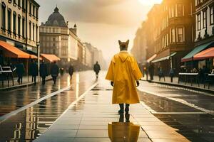 un persona en un amarillo impermeable caminando abajo un calle. generado por ai foto