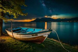 a boat sits on the shore at night. AI-Generated photo