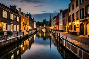 a canal in the middle of a city at dusk. AI-Generated photo