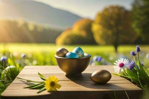 easter eggs in a bowl on a table in a field. AI-Generated photo