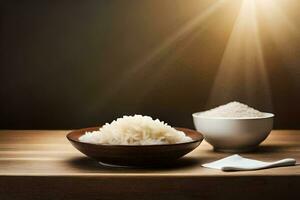 blanco arroz en un cuenco y un cuchara en un de madera mesa. generado por ai foto