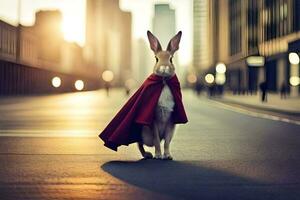 a rabbit dressed as a superhero in a city. AI-Generated photo