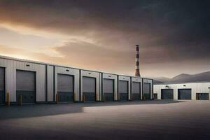 a large industrial building with a large garage door. AI-Generated photo