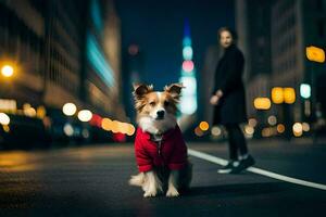 a dog wearing a red jacket standing on the street at night. AI-Generated photo