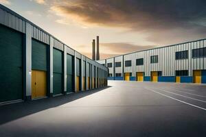 a large warehouse with yellow and blue doors. AI-Generated photo