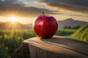 an apple sits on a stump in front of a sunset. AI-Generated photo