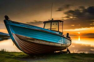 a boat sits on the shore at sunset. AI-Generated photo