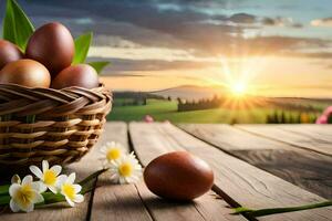 Pascua de Resurrección huevos en un cesta en un de madera mesa. generado por ai foto