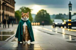 un gato vestido en un verde capa en pie en un calle. generado por ai foto