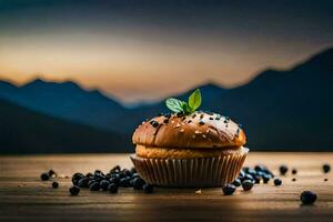 a muffin with berries on a wooden table. AI-Generated photo