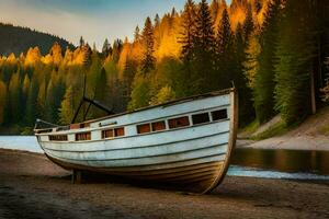 a boat sits on the shore of a river. AI-Generated photo