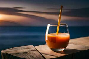 a glass of orange juice on a wooden table with a sunset in the background. AI-Generated photo