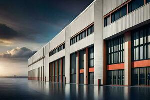 a large industrial building with a large garage door. AI-Generated photo