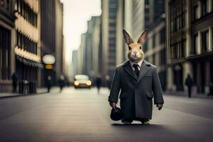 un Conejo vestido en un traje y Corbata en pie en el medio de un ciudad calle. generado por ai foto