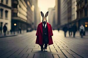 a rabbit wearing a red coat and tie walking down a city street. AI-Generated photo