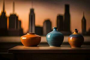 three vases are sitting on a table in front of a city skyline. AI-Generated photo