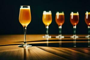 a row of glasses with different drinks. AI-Generated photo