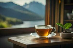 a cup of tea on a table in front of a window with a view of a lake and. AI-Generated photo