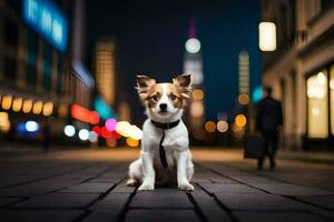 a dog sitting on the street at night. AI-Generated photo