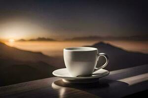 un taza de café en un mesa con montañas en el antecedentes. generado por ai foto