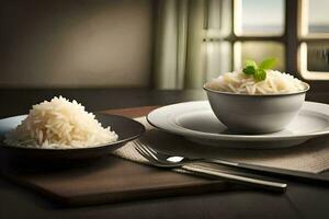 a bowl of rice sits on a table next to a fork and knife. AI-Generated photo