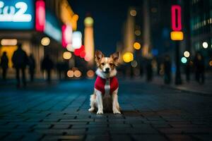 a dog wearing a red vest on a street at night. AI-Generated photo