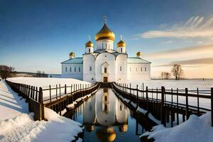 the russian orthodox cathedral in the snow. AI-Generated photo