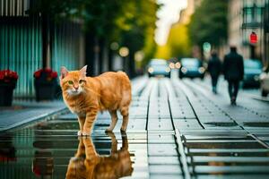 an orange cat is walking on a wet street. AI-Generated photo