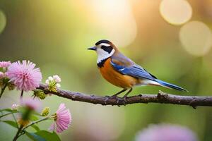 a bird sits on a branch with flowers in the background. AI-Generated photo
