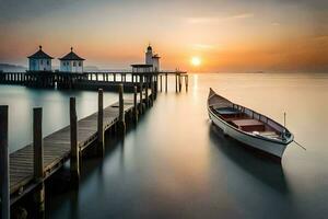 un barco es atracado a el muelle a puesta de sol. generado por ai foto