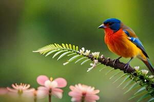 a colorful bird sits on a branch with pink flowers. AI-Generated photo