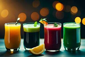 five different juices in glasses on a table. AI-Generated photo