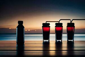 cuatro botellas de rojo líquido sentado en un mesa con un puesta de sol en el antecedentes. generado por ai foto