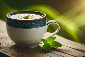 a cup of hot chocolate with mint leaves on a wooden table. AI-Generated photo