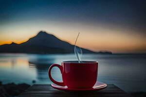 a red cup of coffee on a wooden table with a mountain in the background. AI-Generated photo