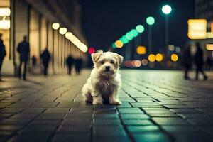 a small white dog is sitting on the sidewalk at night. AI-Generated photo
