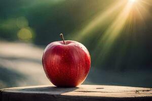 an apple sits on top of a wooden table. AI-Generated photo