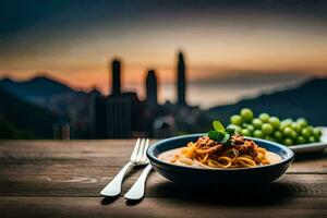 a plate of spaghetti with meat and grapes on a table in front of a cityscape. AI-Generated photo