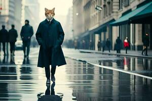 a fox in a coat walking down a city street. AI-Generated photo