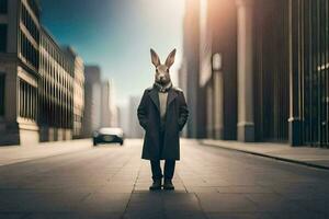 a rabbit wearing a coat and hat stands in the middle of a city street. AI-Generated photo