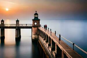 two people walk along a pier at sunset. AI-Generated photo