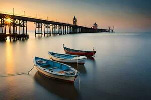 Tres barcos sentar en el agua a puesta de sol. generado por ai foto